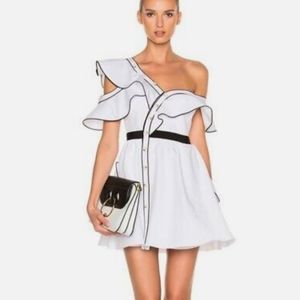 Self-Portrait One-Shoulder Dress in White with Black Accents